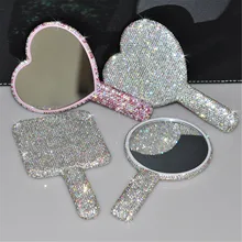 Luxury Diamond Hand Mirror Love Heart Mirror Female Handle Makeup Cosmetic Beauty Tools Handheld Vanity Make Up Mirror for Girls