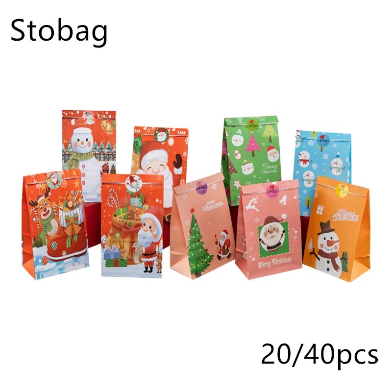 

StoBag 20/40pcs Kraft Christmas Gift Bag Handmade Paper Candy Chocolate Food Snack Cookies Children Event Party Spring Festival