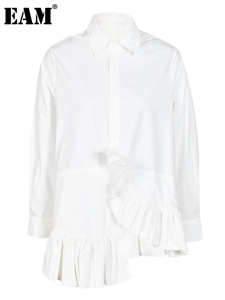 

[EAM] Женская белая Асимметричная Элегантная блузка с оборками, новая свободная рубашка с отворотом и длинным рукавом, весна-осень 2023, 1DF622300
