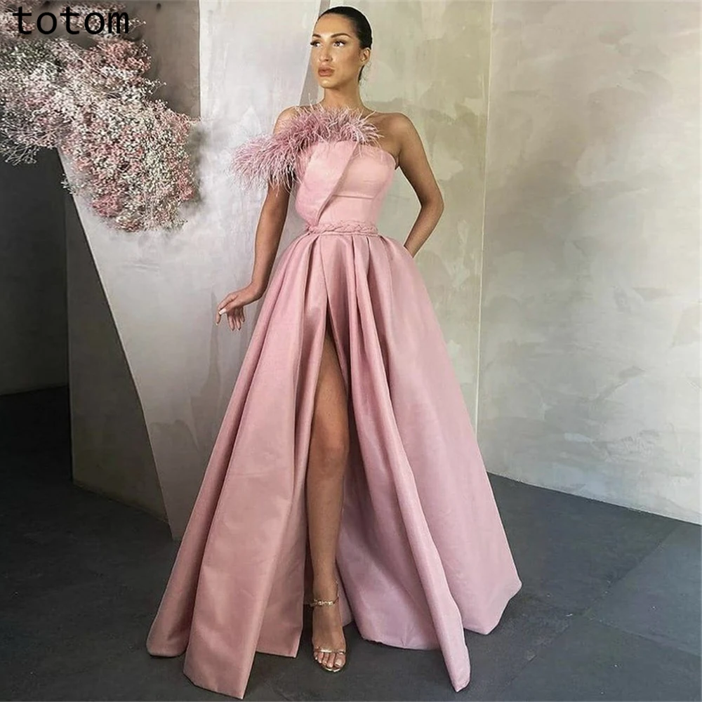 

Glimmer Feathers Satin Sleeveless High End Formal Party Dresses Slit Strapless For Women Vestido De Fiesta Personalised Pleat