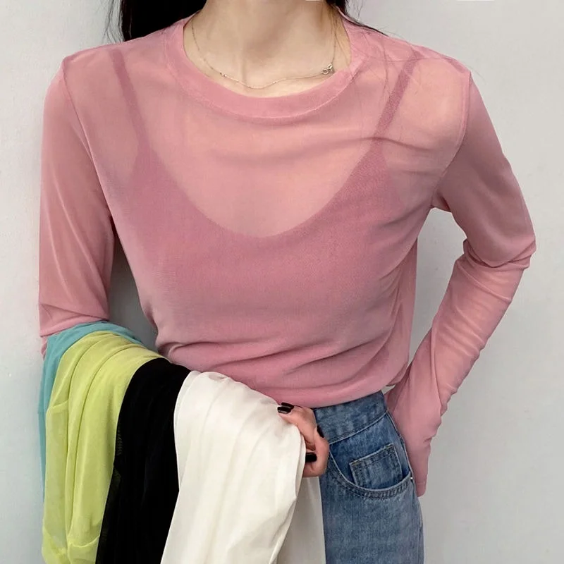 

Green Shirt Through Sleeve Transparent Pink Basic Ladies Top Tops Sexy See Tops For Women Mesh Long T-shirt Ruoru Women