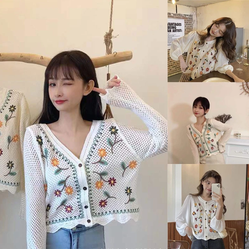 Women Spring Long Sleeve Crop Cardigan Hollow Out Crochet Knit Embroidery Floral V-Neck Button Down Wave Sweater Jacket
Women Spring Long Sleeve Crop Cardigan Hollow Out Crochet Knit Embroidery Floral V-Neck Button Down Wave Sweater Jacket