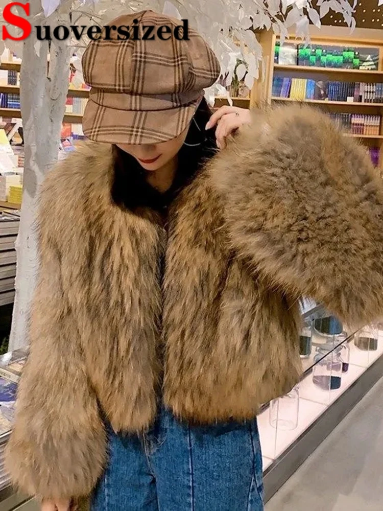 

Thicken Short Faux Fox Furs Overcoats Furry Cropped Jacket Korean Fashion Plush Casaco Women Loose Winter Warm Chaquetas