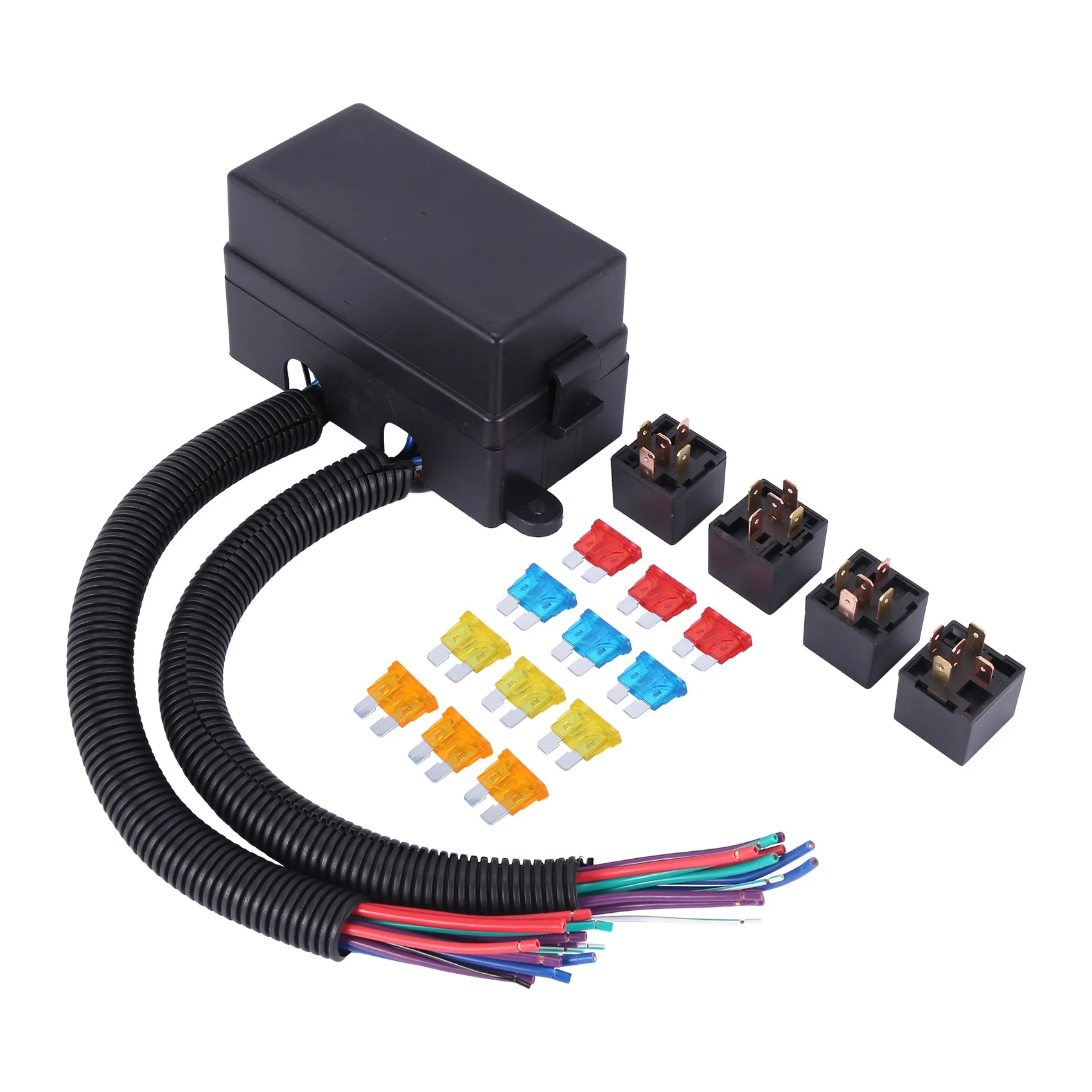 

12 Way Blade Fuse-Holder Box with Spade Terminals and Fuse-4PCS 5pin 12V 40A Relays with Wiring for Car Truck Trailer
