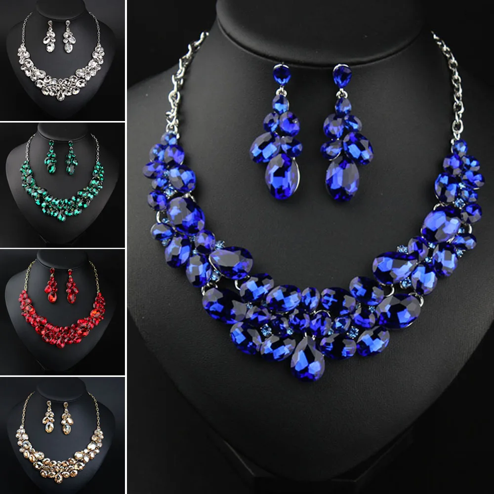 

African Crystal Necklace Earrings Jewelry Set Women Bridal Wedding Rhinestone Choker Nigeria Collars Statement Necklaces Gifts