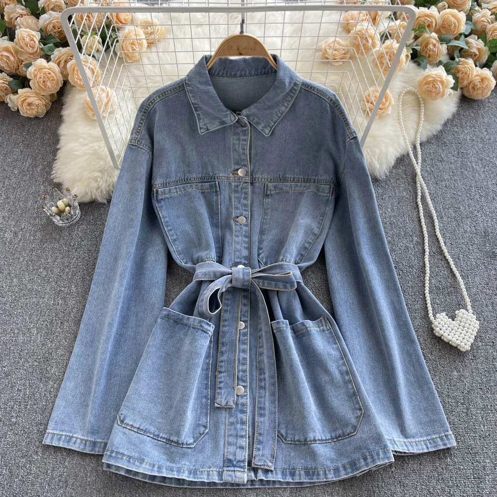 VANOVICH Temperament Belt Waist Slim Denim Dress Summer Women French Style Casual Long Sleeve Single Breasted Knee-Length Dress
VANOVICH Temperament Belt Waist Slim Denim Dress Summer Women French Style Casual Long Sleeve Single Breasted Knee-Length Dress