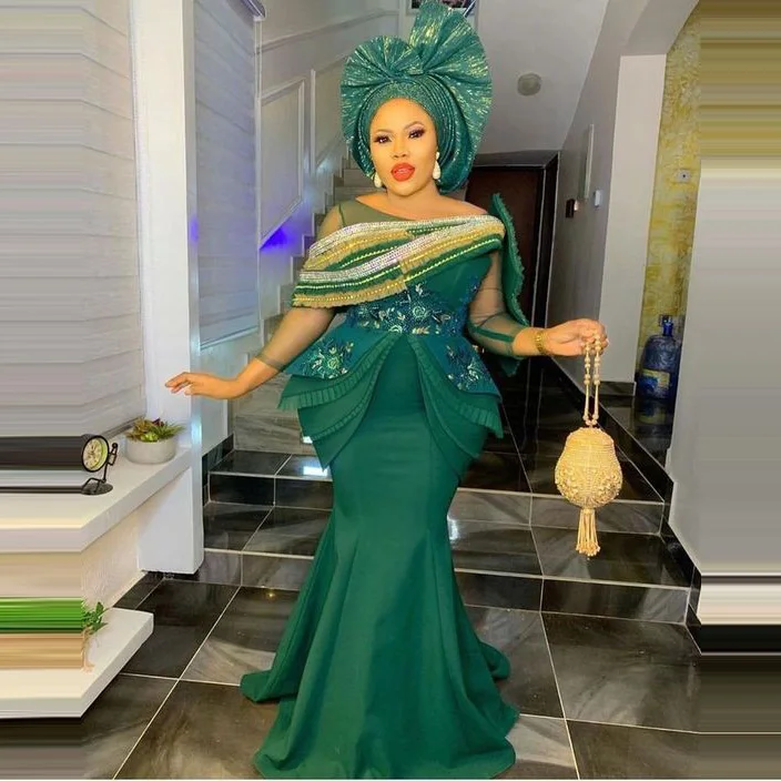 

Индивидуальное зеленое вечернее платье-Русалка для выпускного вечера, официальное платье с аппликацией из бисера и оборками на одно плечо aso ebi