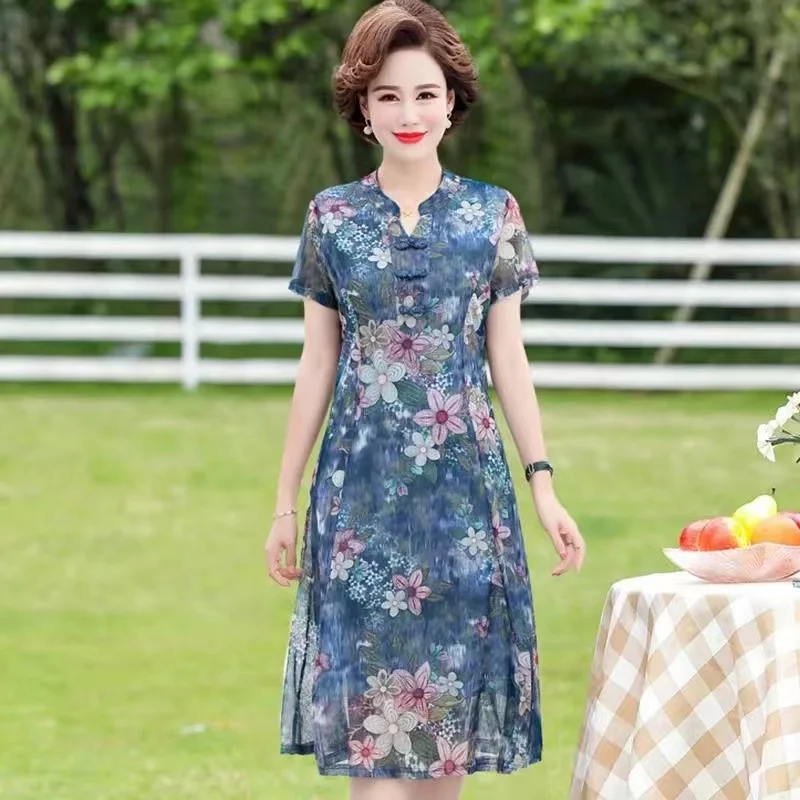

EE30 New middle-aged mom summer chiffon dress with a stylish waistband that looks slimmer for middle-aged and elderly women