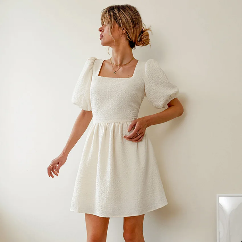 French temperament fashion women's jacquard square neck puff sleeves design open back lace-up dress summer women's short skirt
French temperament fashion women's jacquard square neck puff sleeves design open back lace-up dress summer women's short skirt