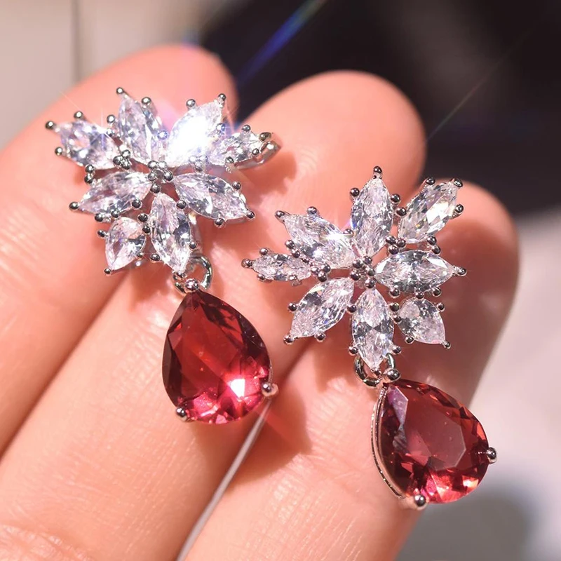 

New Gorgeous Women Wedding Dangle Earrings Red Water Drop Cubic Zirconia Noble Bridal Marriage Party Earring Trendy Jewelry