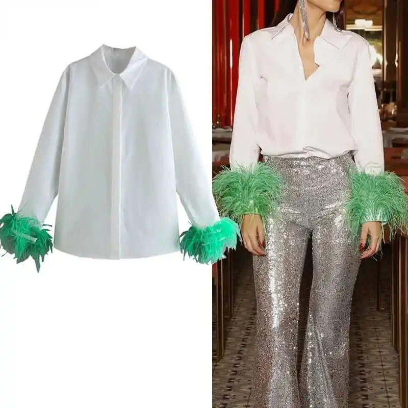 White Shirt Woman Long Sleeve Green Feather Top Party Elegant Female Blouses Fashion Collared Button Up Women Shirt
White Shirt Woman Long Sleeve Green Feather Top Party Elegant Female Blouses Fashion Collared Button Up Women Shirt