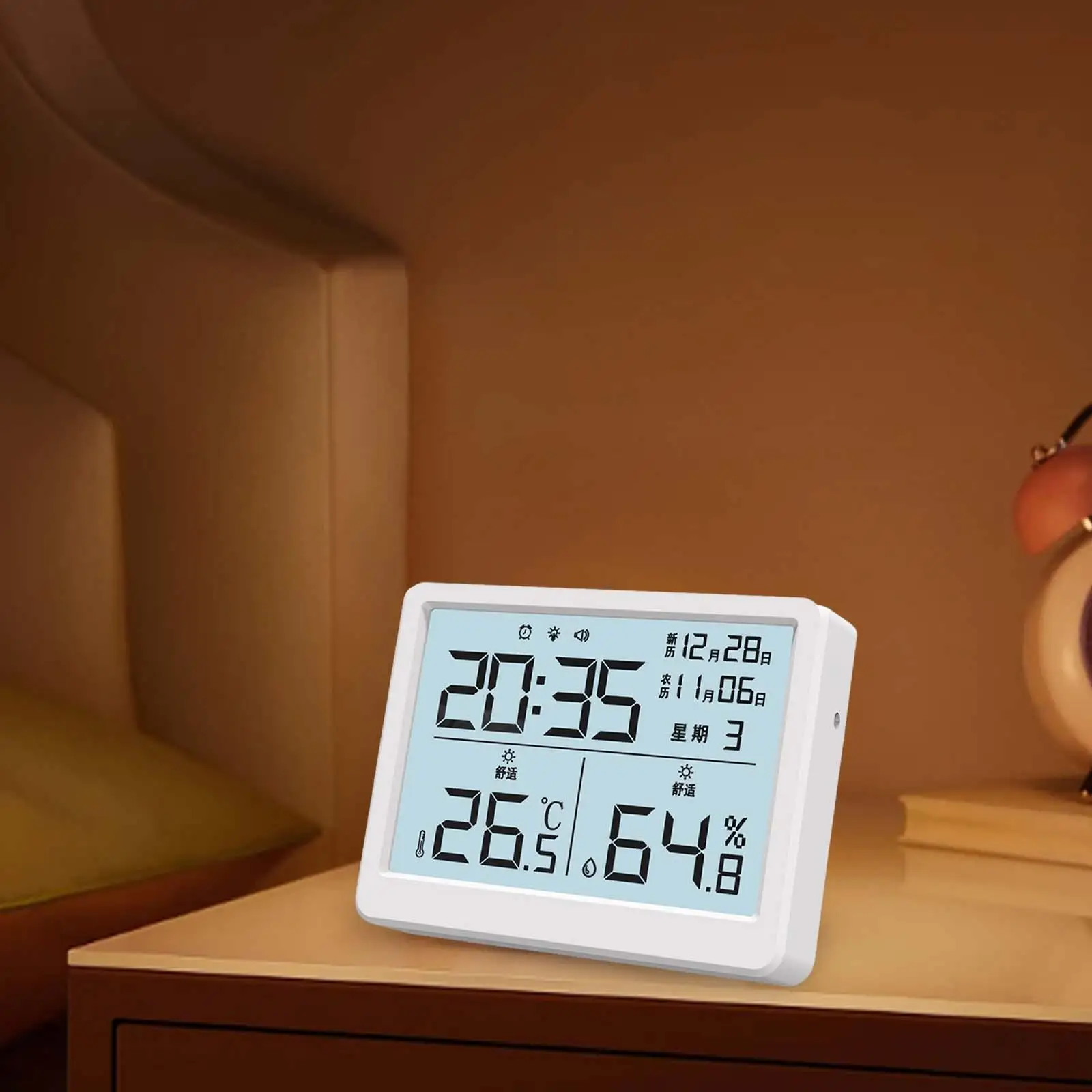

Room Thermometer Desk Clocks Desktop Temperature Digital Alarm Clock Humidity Meter for Nursery Living Room Warehouse Bedroom
