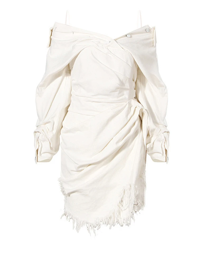 Women White Burr Denim Irregular Dress New Slash Neck Long Sleeve Loose Fit Fashion Tide Spring Autumn 2022 N903
Women White Burr Denim Irregular Dress New Slash Neck Long Sleeve Loose Fit Fashion Tide Spring Autumn 2022 N903