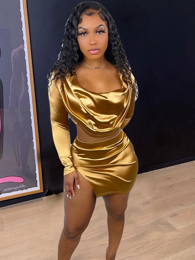 Women Spring Summer New Satin Two-piece Set Long Sleeve Shirts Crop Top Split Skirt Casual 2 Piece Sets Party Sexy Outfits
Women Spring Summer New Satin Two-piece Set Long Sleeve Shirts Crop Top Split Skirt Casual 2 Piece Sets Party Sexy Outfits