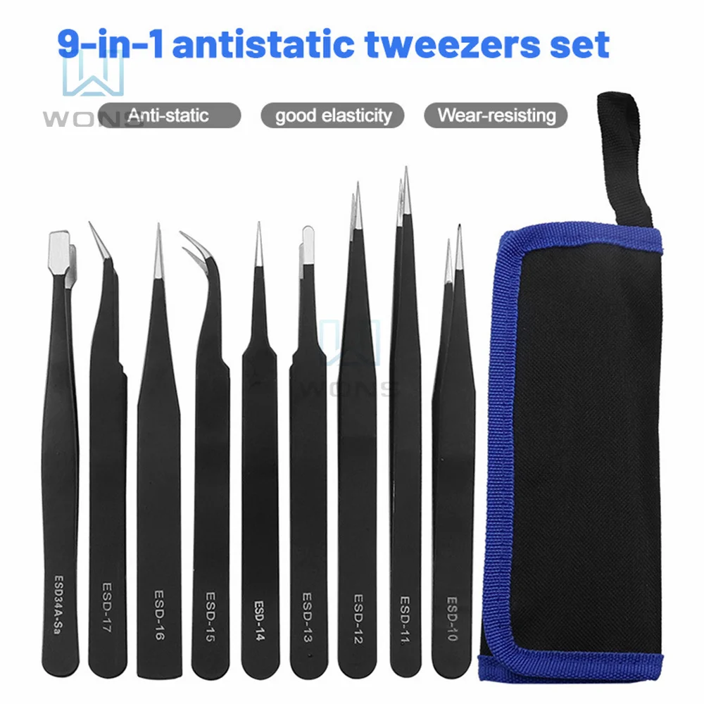 9pcs/set Anti-static Stainless Steel Tweezers Maintenance Tools Industrial Precision Curved Straight Tweezers Repair Tools
9pcs/set Anti-static Stainless Steel Tweezers Maintenance Tools Industrial Precision Curved Straight Tweezers Repair Tools