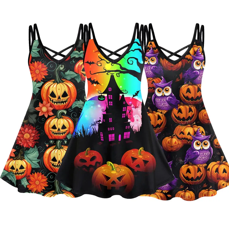 

Plus Size Gothic Pumpkin Print Crisscross Strappy Cami Dress Women Spring,Summer Casual Vestido Colorful Halloween Dresses XS-6X
