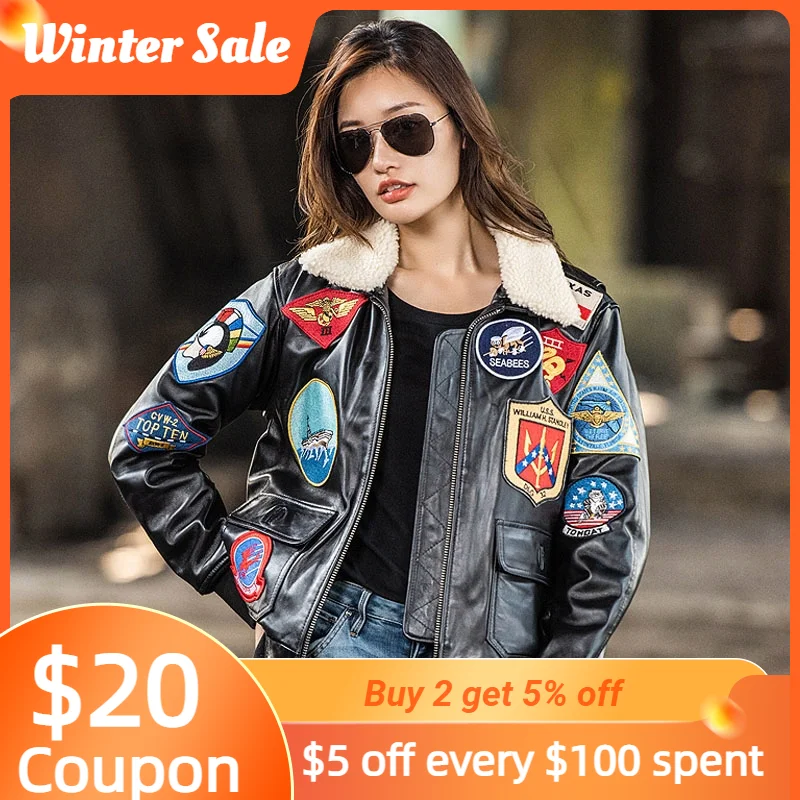 Black TOP GUN Maverick G1 Jacket Women Military Style Natural Thin Sheepskin Winter Warm Aviator Genuine Leather Coats 
Black TOP GUN Maverick G1 Jacket Women Military Style Natural Thin Sheepskin Winter Warm Aviator Genuine Leather Coats