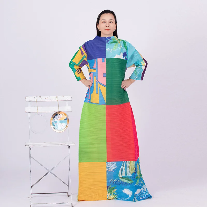 

Miyake Плиссированное Платье женское 2023 Плиссированное Платье Макси весеннее Новое модное высококачественное свободное цветное Платье с принтом элегантное платье для женщин