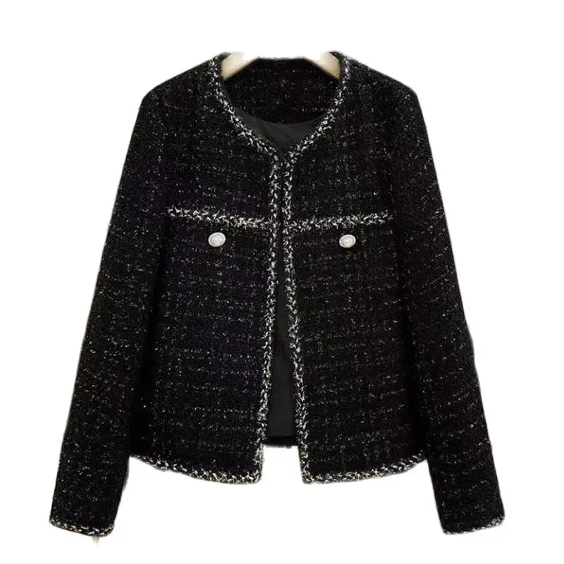 

Модное черное твидовое шерстяное пальто, новинка 2023, Демисезонная женская куртка, повседневная плотная Корейская шерстяная верхняя одежда, женская зимняя куртка