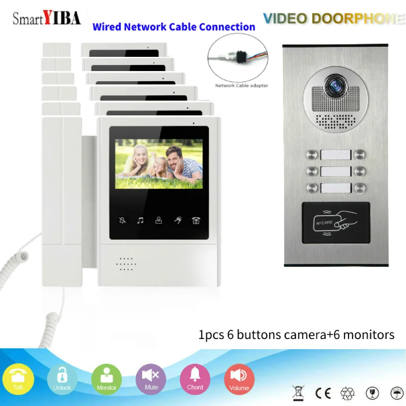 

SmartYIBA 4.3" Video Door Phone 2 to 6 Monitors For Apartment Families Doorbell Intercom Kits RFID 700TVL IR Camera Doorphone