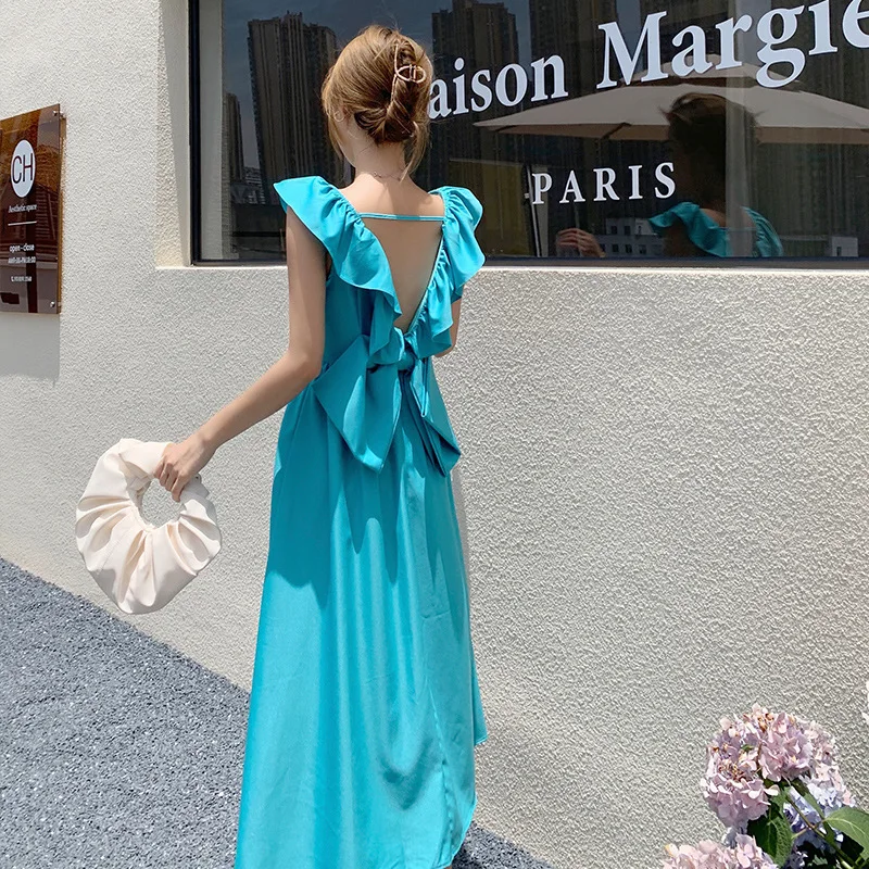 Bow Flying Sleeve Square Summer Dress Women Backless Ruffle Beach Style Sexy Robe Femme Elegant Vestido Feminino Korean Princess
Bow Flying Sleeve Square Summer Dress Women Backless Ruffle Beach Style Sexy Robe Femme Elegant Vestido Feminino Korean Princess