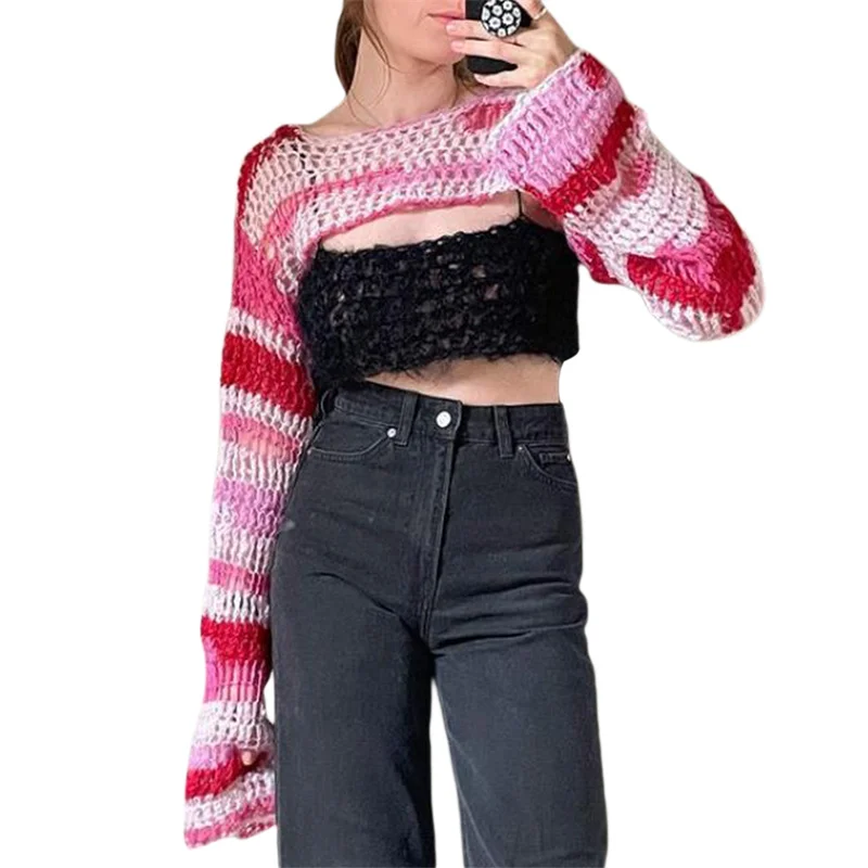 Women Sweaters Crop Tops Sexy Round Neck Long Sleeve Hollow Out Patchwork Sweater Knitted Short Tops Autumn Winter
Women Sweaters Crop Tops Sexy Round Neck Long Sleeve Hollow Out Patchwork Sweater Knitted Short Tops Autumn Winter