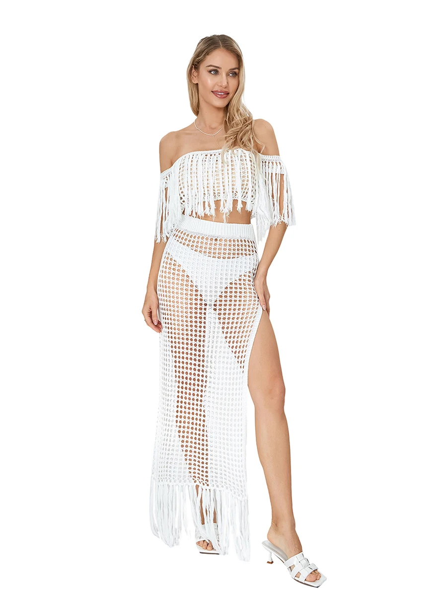 

CHQCDarlys Women Sexy Beach Coverups Summer 2 Piece Outfits Crochet Mesh Tassel Off Shoulder Cover Ups Long Skirts Set