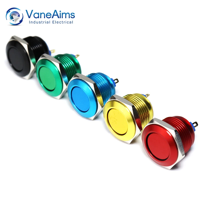 

16mm Mini Electric Switch VaneAims Self Reset Momentary Flat Head Red Blue Black Green Yellow Oxidation Metal Push Button Switch