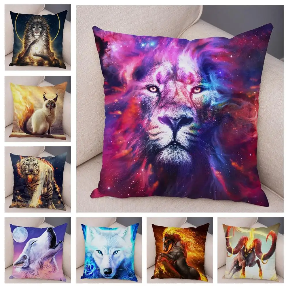 

45x45cm polyester pillowcase watercolor myth lion wolf pillowcase decorative cushion cover