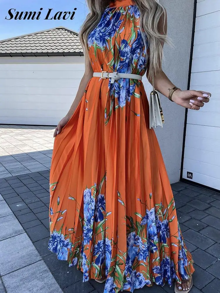 Sexy Floral Print Pleated Party Dress Elegant Sleeveless Lace Up Loose Maxi Dress Vintage Women O Neck Off Shoulder Long Dresses
Sexy Floral Print Pleated Party Dress Elegant Sleeveless Lace Up Loose Maxi Dress Vintage Women O Neck Off Shoulder Long Dresses