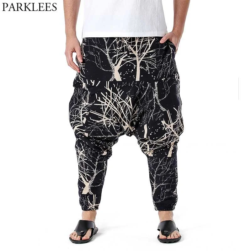 

Men's Hip Hop Baggy Harem Low Crotch Pants Stylish Branches Printed Genie Boho Pants Cotton Casual Hippie Streetwear Trousers