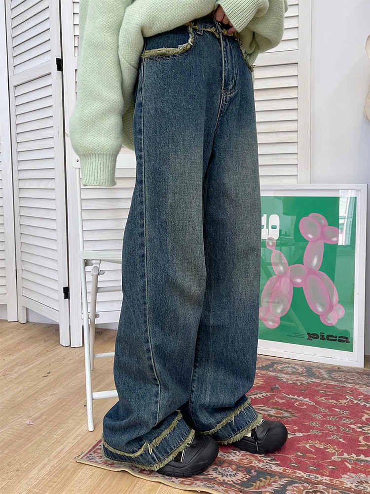 

Vintage Raw-edge Splicing Baggy Jeans Women 2022 New Loose Wide Leg High Waist Straight Denim Pants Y2k Streetwear Jean Trouser