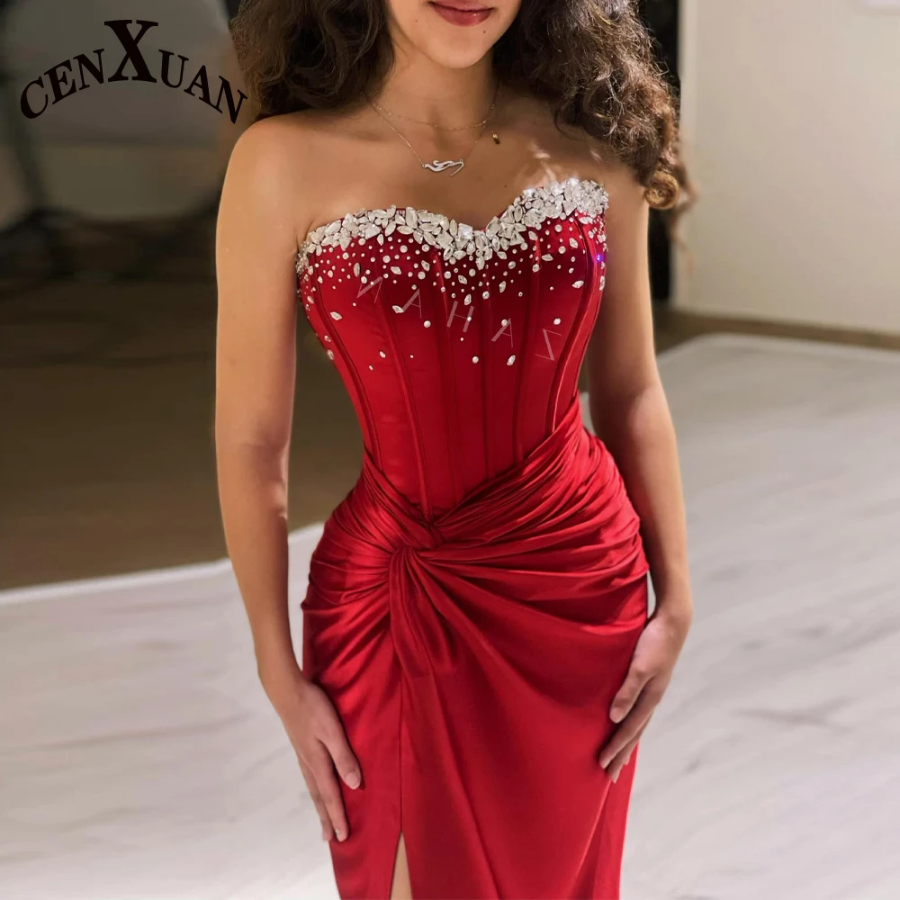 

CENXUAN Classic Mermaid Evening Gowns For Women Sweetheart Pleat High Slit Sleeveless Sweep Train Vestido De Noche Made To Order
