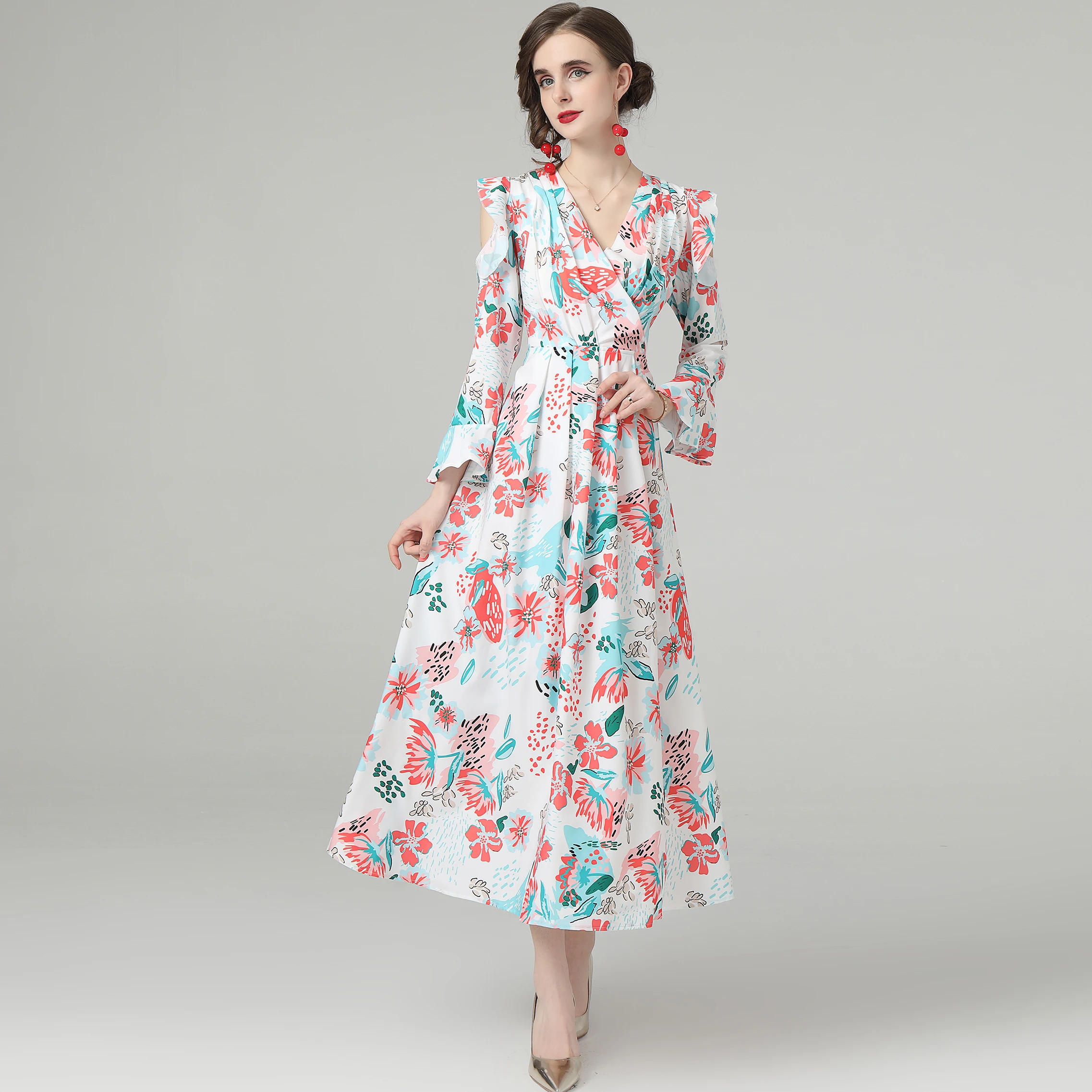 Temperament Autumn Off Shoulder Floral Dress Fashion Women's V Neck Ruffles Flare Sleeve Flower Printed High Waist Long Vestidos
Temperament Autumn Off Shoulder Floral Dress Fashion Women's V Neck Ruffles Flare Sleeve Flower Printed High Waist Long Vestidos