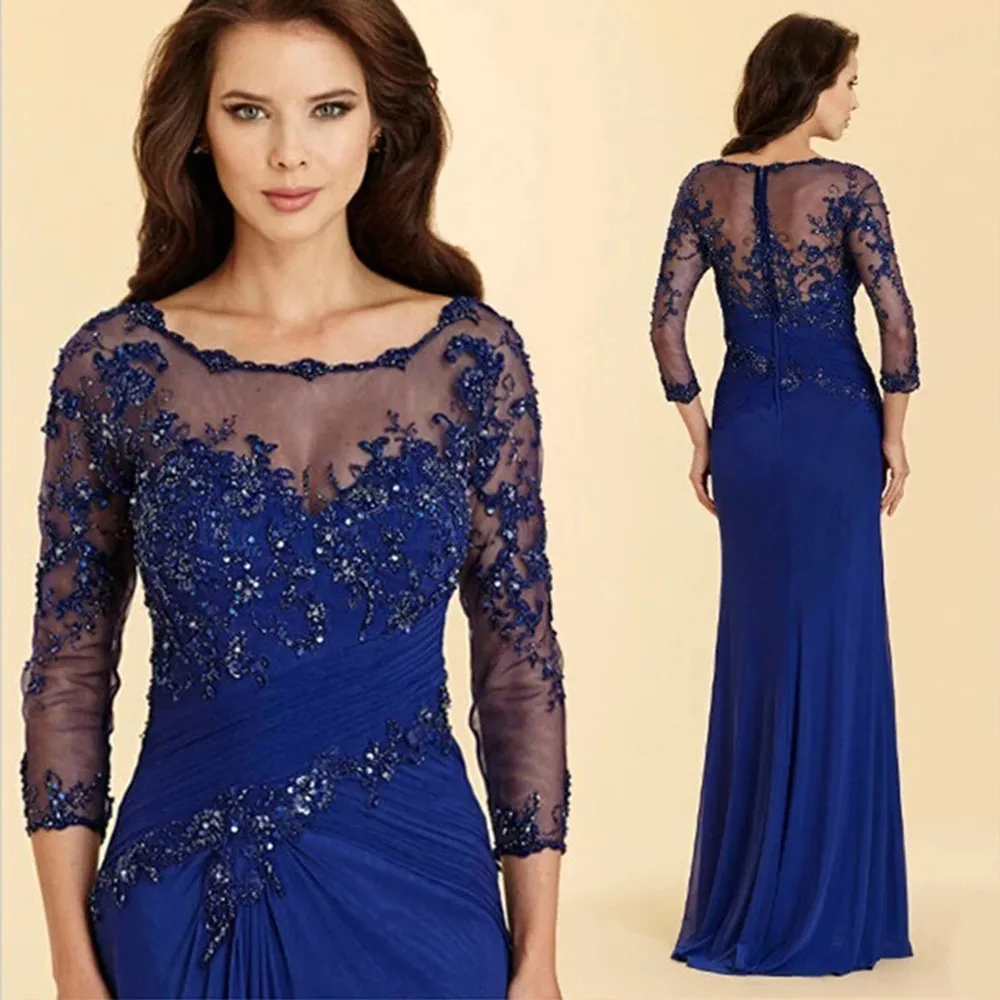 2022 Latest Royal Blue Lace Mother of the Bride Dresses Jewel Neck With 3/4 Sleeves Wedding Party Gowns Applique Beaded
2022 Latest Royal Blue Lace Mother of the Bride Dresses Jewel Neck With 3/4 Sleeves Wedding Party Gowns Applique Beaded