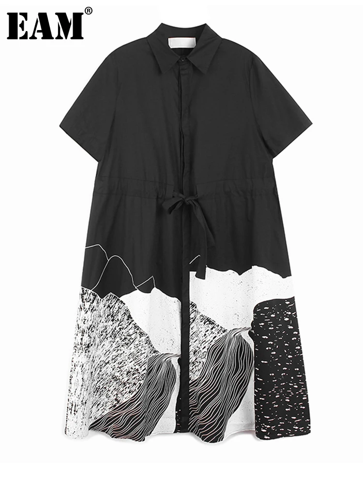 

[EAM] женское черное длинное платье-рубашка с принтом большого размера, новое свободное платье с отворотом и коротким рукавом, весна-лето 2023 ...