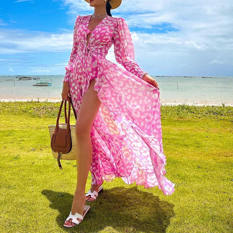 

Шифоновые летние пляжные платья с длинным рукавом, элегантное платье с глубоким V-образным вырезом и перекрестным узлом