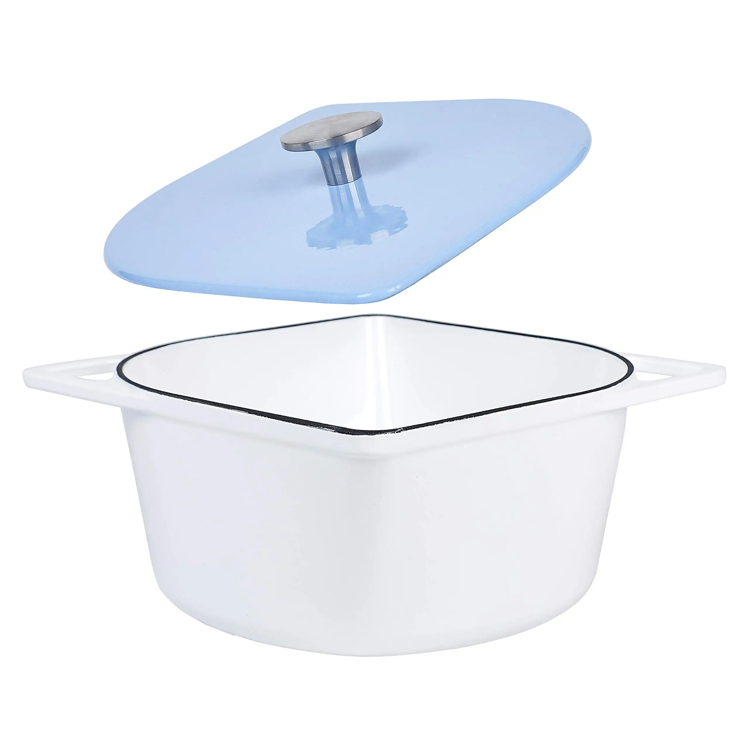 5 Quart cast Iron Enameled Dutch Oven Modern Squoval Shaped Design, with Stainless Steel Knob, White with Blue Lid
5 Quart cast Iron Enameled Dutch Oven Modern Squoval Shaped Design, with Stainless Steel Knob, White with Blue Lid