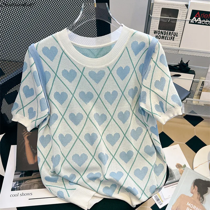 Summer Knit T-Shirts 2022 Women Ice Silk Casual Top Heart Print Short Sleeve TShirt Loose O-Neck Pullover Blouse Korean Clothing
Summer Knit T-Shirts 2022 Women Ice Silk Casual Top Heart Print Short Sleeve TShirt Loose O-Neck Pullover Blouse Korean Clothing