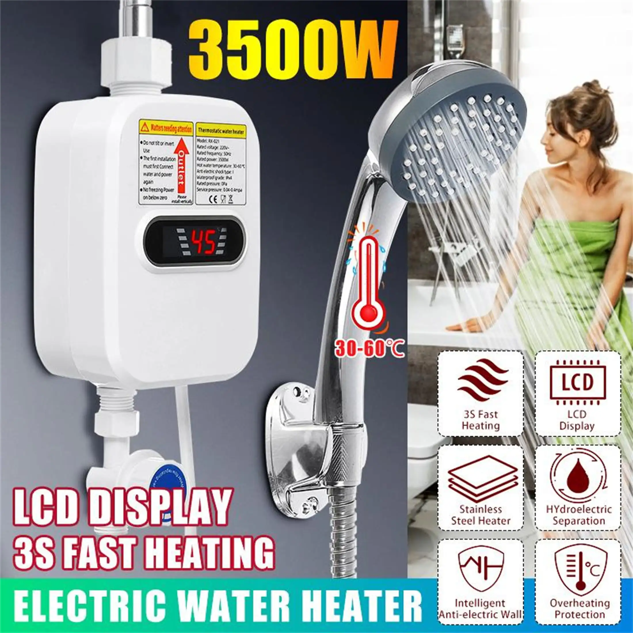 3500W Mini Tankless LCD Digital Water Heater Waterproof Hot Faucet Kitchen Heating Thermostat Intelligent
3500W Mini Tankless LCD Digital Water Heater Waterproof Hot Faucet Kitchen Heating Thermostat Intelligent