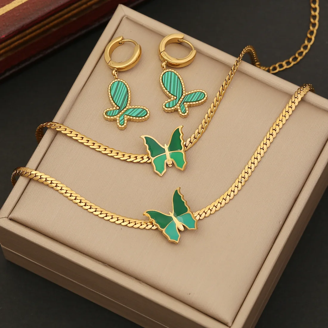 

316L Stainless Steel Flat Snake Chain Green Butterfly Necklace For Women New Girl Clavicle Chain Party Jewelry Set Gift