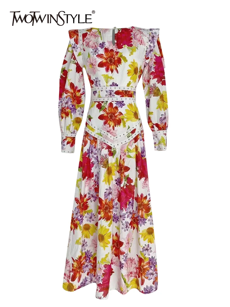 TWOTWINSTYLE Spring Print Floral Dress For Women Round Neck Long Sleeve High Waist Colorblock Midi Dresses Female Clothing Style
TWOTWINSTYLE Spring Print Floral Dress For Women Round Neck Long Sleeve High Waist Colorblock Midi Dresses Female Clothing Style