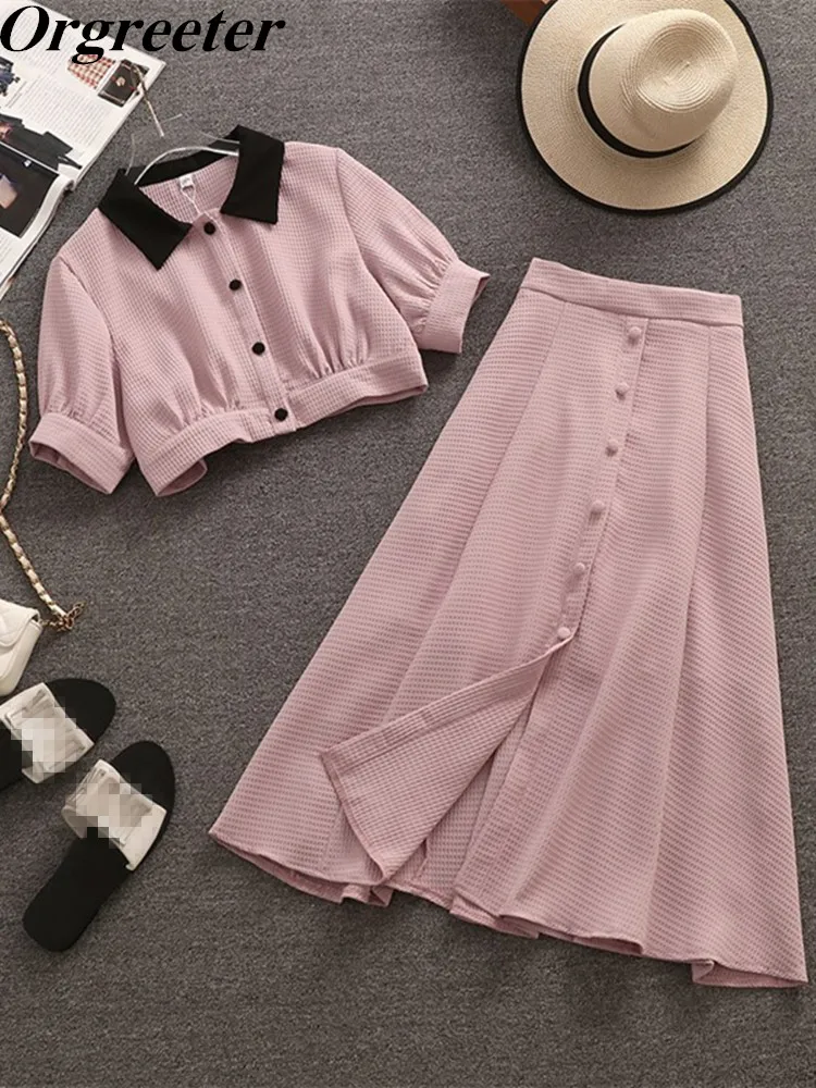 Retro Waffle Two Piece Set Woemn Sweet Puff Sleeve Short Shirt +High waist Single-breasted Long Skirt Suits Female 2 Piece Sets
Retro Waffle Two Piece Set Woemn Sweet Puff Sleeve Short Shirt +High waist Single-breasted Long Skirt Suits Female 2 Piece Sets