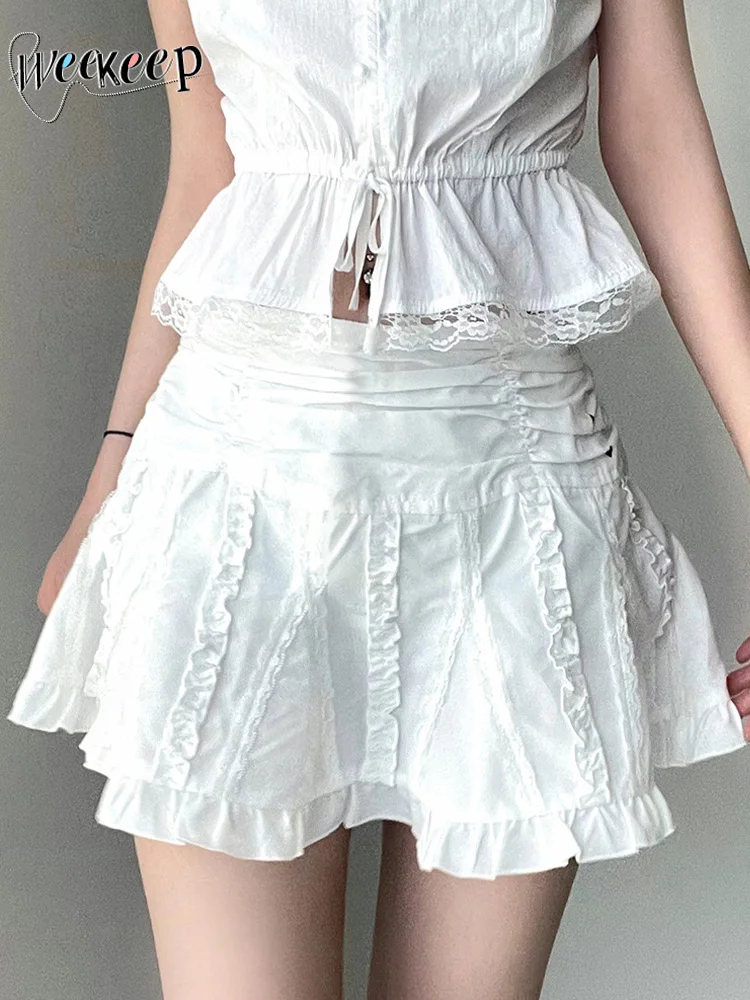 Weekeep Fairycore Cute Ruched Mini Skirt Kawaii Lace Stitched Folds Solid White Loose A-line Skirts Women Japanese y2k Outfits
Weekeep Fairycore Cute Ruched Mini Skirt Kawaii Lace Stitched Folds Solid White Loose A-line Skirts Women Japanese y2k Outfits