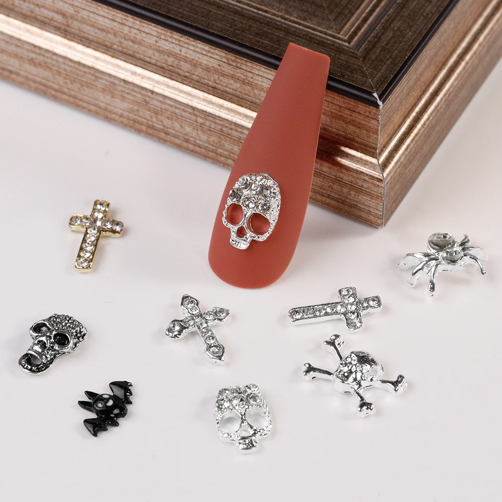 10pcs Goth Punk Skull Spider Nail Charms Alloy Rhinestones Shinny Nail Parts Silver Skull Bat Cross Design Nail Art Decorations
10pcs Goth Punk Skull Spider Nail Charms Alloy Rhinestones Shinny Nail Parts Silver Skull Bat Cross Design Nail Art Decorations