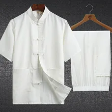 Plus size cotton linen men Tang suit short-sleeved trousers suit Chinese style Hanfu traditional kung fu suit Tai Chi Uniform