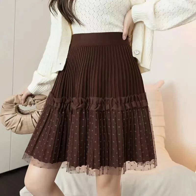 2023 Autumn/Winter New Mesh Spliced Knitted Mini Skirt Women's Clothing High Waist A-line Short Skirt Fashion Pleated Skirt B303
2023 Autumn/Winter New Mesh Spliced Knitted Mini Skirt Women's Clothing High Waist A-line Short Skirt Fashion Pleated Skirt B303