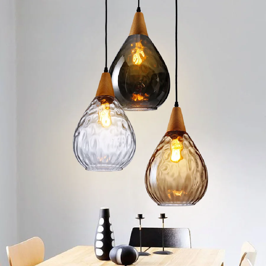 

Nordic Pendant Lamp Clear Amber Smoky Gray Glass Single Head Water Pattern Modern Creative Led chandelier Bar Restaurant Light