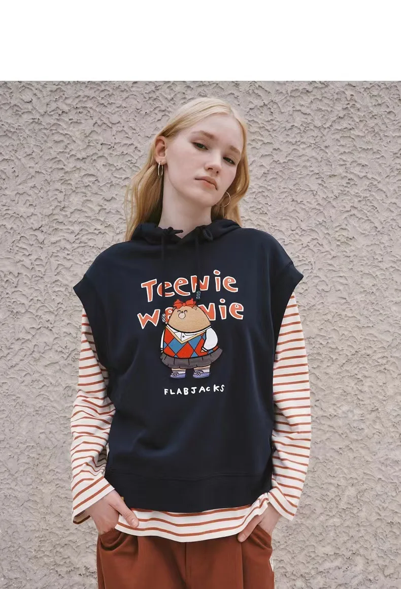 Футболки с капюшоном для женщин, повседневные свободные хлопковые топы с мультяшным принтом, одежда без рукавов для осени