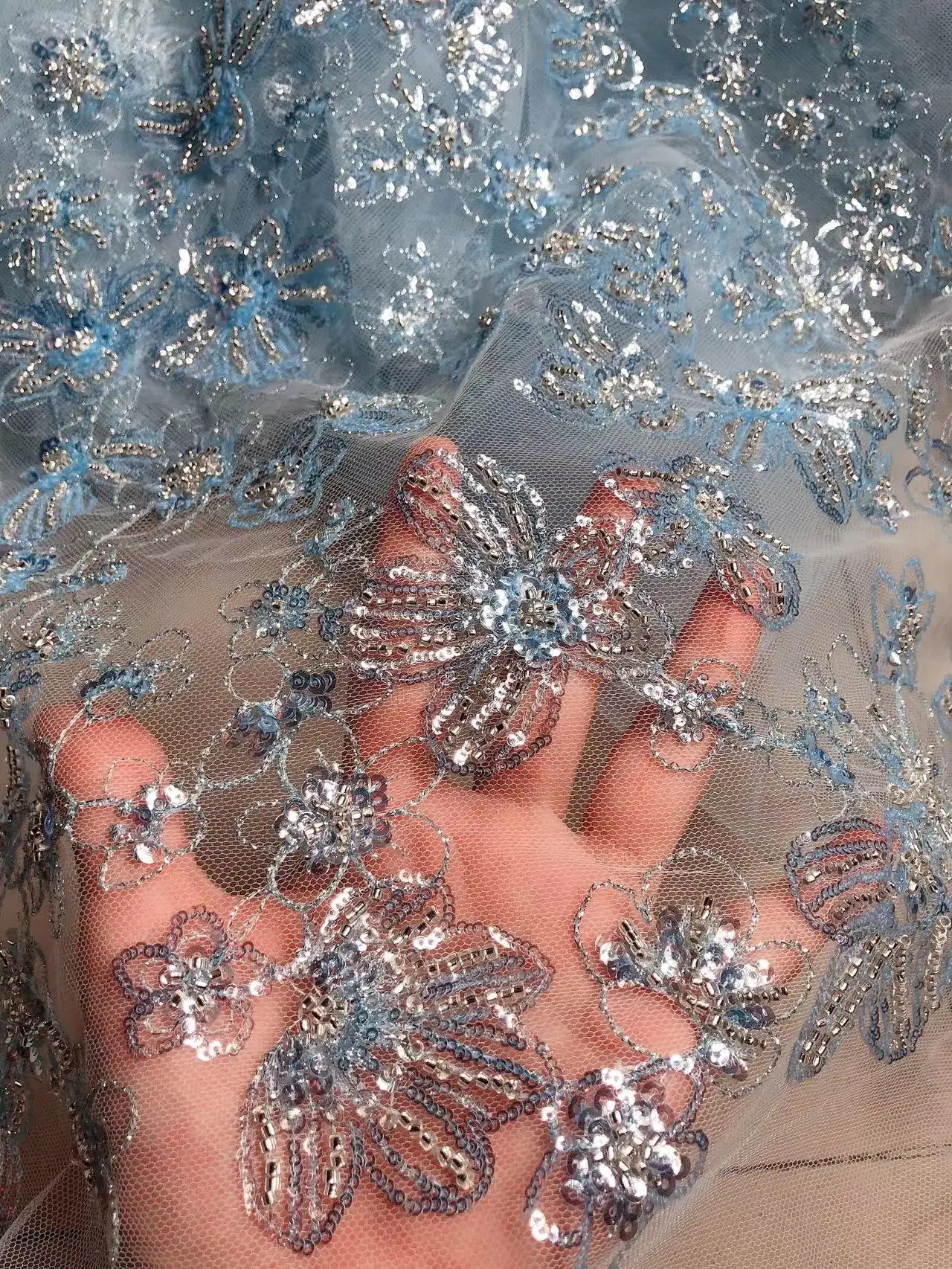 SU Light blue French Mesh Tulle Lace Fabrics which Sequins, beads High Quality Net Lace Soft Bridal Lace Fabrics For Wedding
SU Light blue French Mesh Tulle Lace Fabrics which Sequins, beads High Quality Net Lace Soft Bridal Lace Fabrics For Wedding